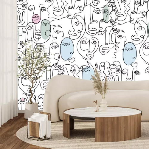 Fotobehang Gezichten getekend met één lijn en grijze accenten