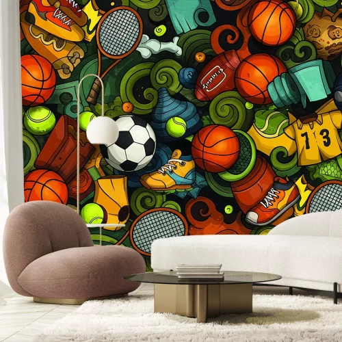Fotobehang Jeugdsportpatroon met ballen, schoenen en rackets