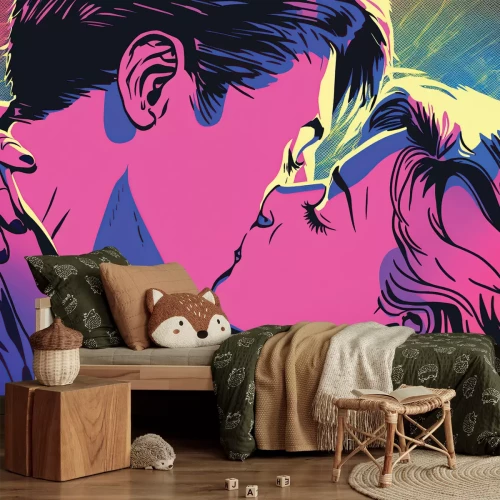 Fotobehang Pop-art-stijl tekening van een man en een vrouw die kussen