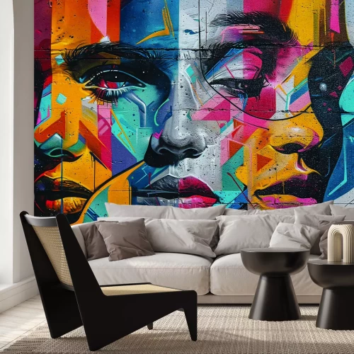 Fotobehang Een kleurrijke muurschildering van vrouwengezichten in geometrische stijl