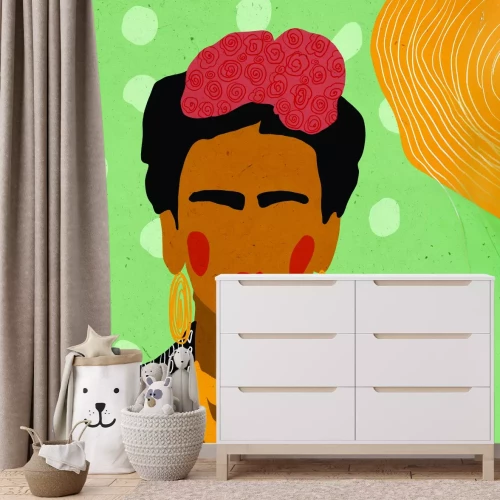 Fotobehang Een grafische afbeelding van Frida Kahlo op een groene achtergrond