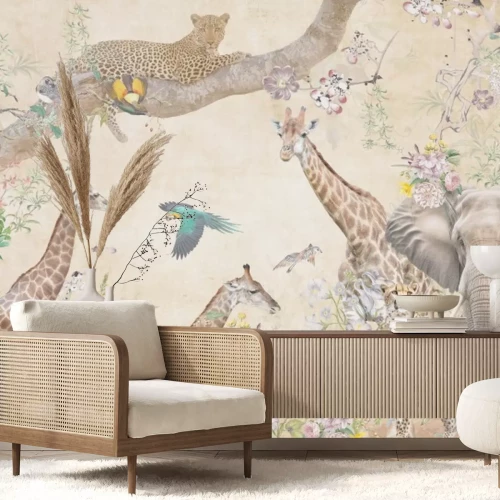 Fotobehang Wilde dieren en kleurrijke bloemen