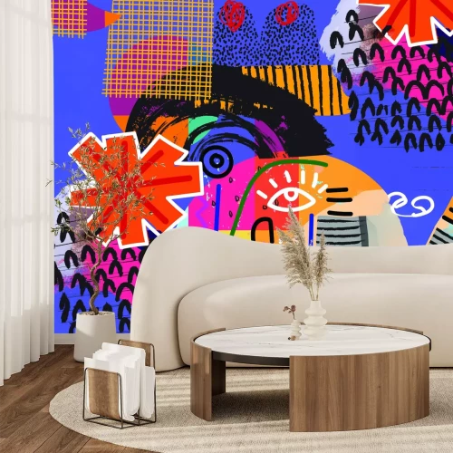 Fotobehang Een kleurrijke geometrische compositie met een oog- en gezichtsmotief