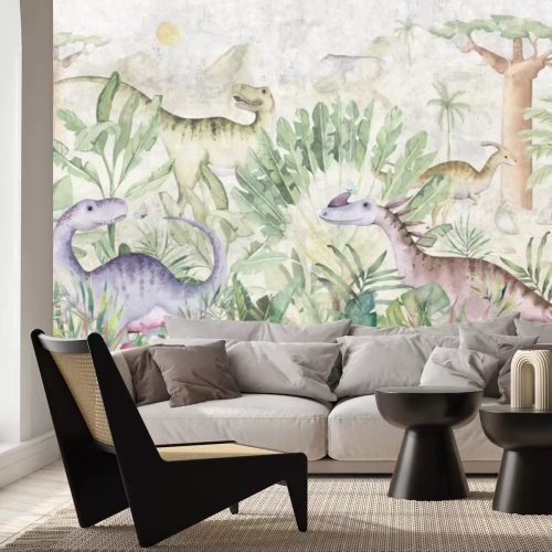 Fotobehang Kleurrijke dinosaurussen tussen tropische planten