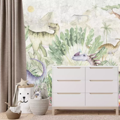 Fotobehang Kleurrijke dinosaurussen tussen tropische planten