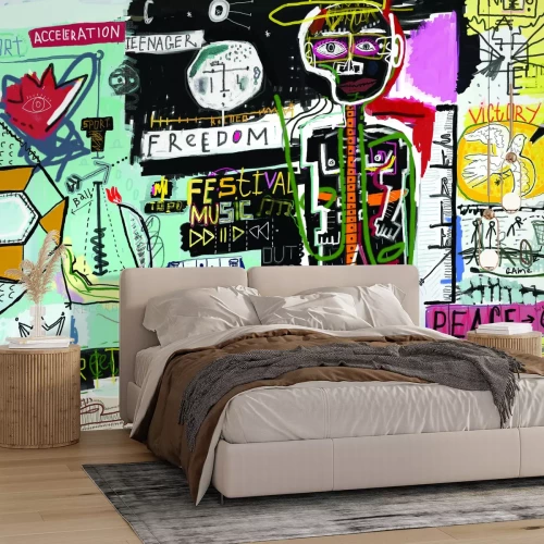 Fotobehang Kleurrijke graffiti en straatkunst met abstracte inscripties