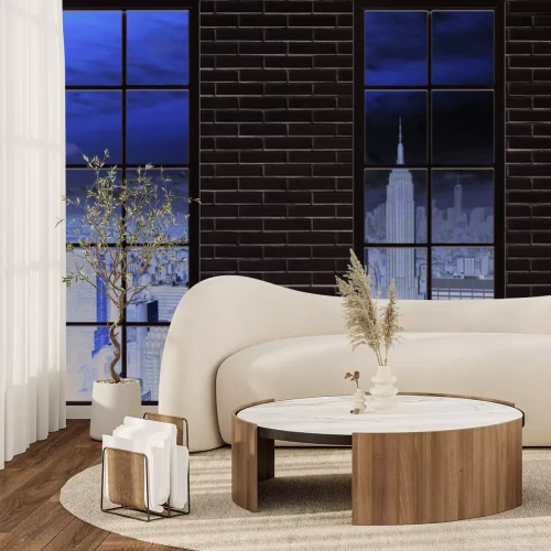 Fotobehang Het Empire State Building gezien door ramen in een bakstenen muur