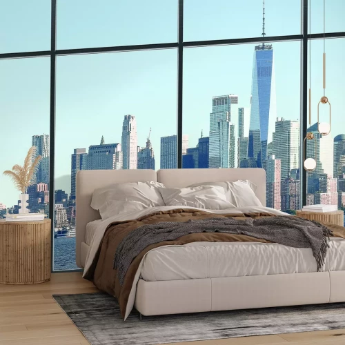 Fotobehang Uitzicht vanuit het raam op de wolkenkrabbers van New York en de rivier