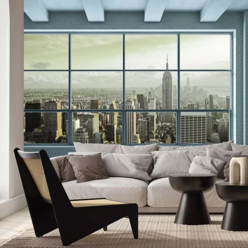 Fotobehang Uitzicht op New York door een groot raam