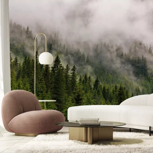 Fotobehang Groene bomen in de mist op het heuvellandschap