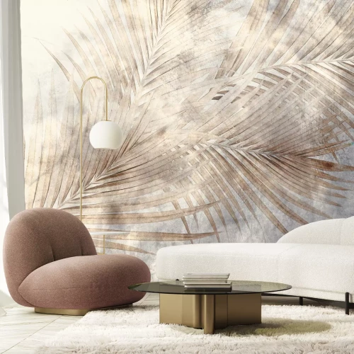 Fotobehang Delicate palmbladeren op beton