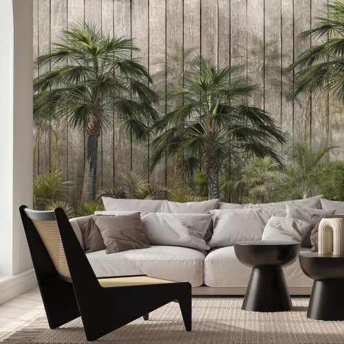 Fotobehang Tropische bladeren en palmbomen op een houten achtergrond