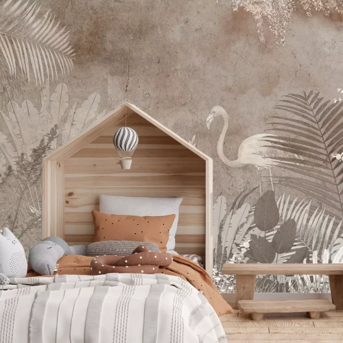 Fotobehang Loft-stijl flamingo en tropische planten op een betonnen achtergrond