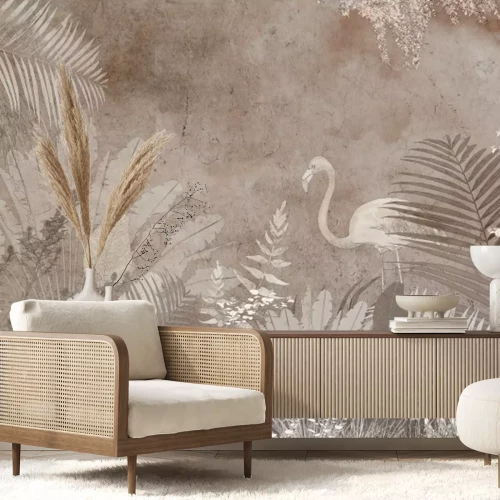 Fotobehang Loft-stijl flamingo en tropische planten op een betonnen achtergrond