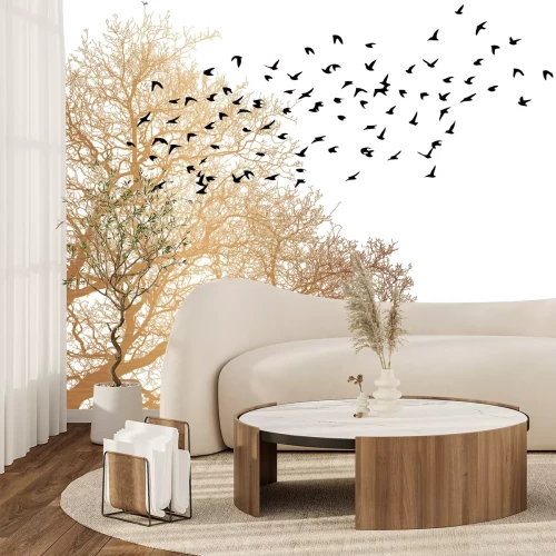 Fotobehang Zwarte vogels en boom op een lichte achtergrond minimalistisch patroon