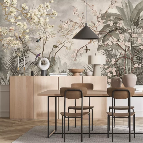 Fotobehang Vogels tussen de tropische jungle en exotische bladeren