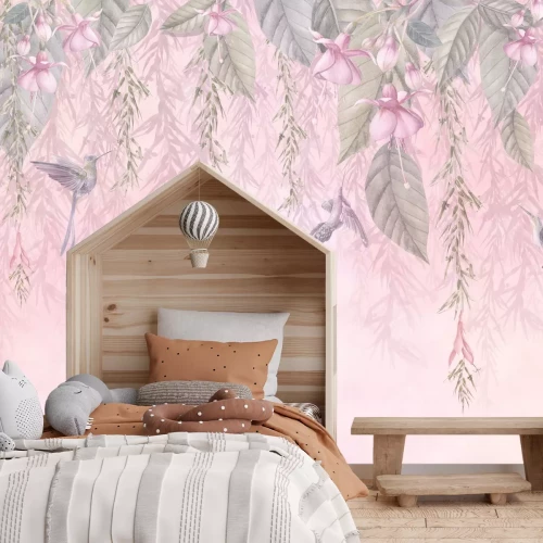 Fotobehang Kolibries tussen bladeren en pastelkleurige bloemen