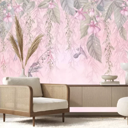 Fotobehang Kolibries tussen bladeren en pastelkleurige bloemen