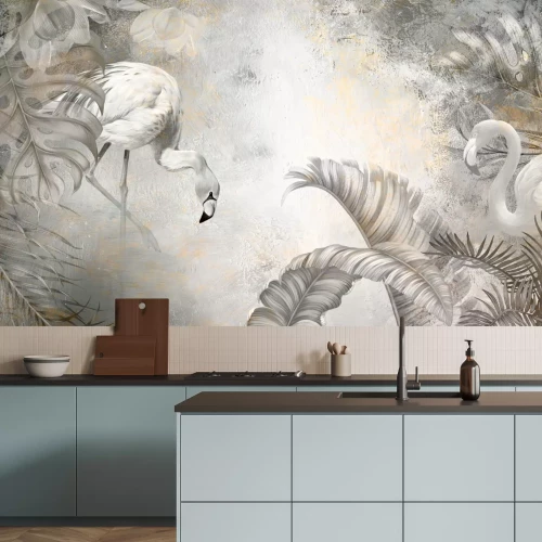 Fotobehang Flamingo&#39;s en tropische bladeren tegen een betonnen achtergrond