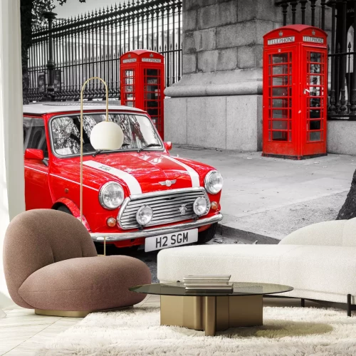 Fotobehang Rode auto en telefooncellen in Londen