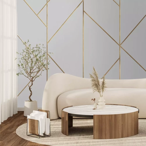 Fotobehang Geometrisch patroon met gouden lijnen op een grijze achtergrond