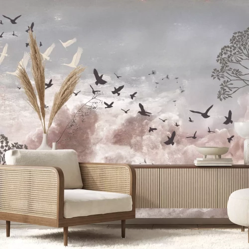 Fotobehang Een vogel en paardenbloemzaadjes tegen de lucht