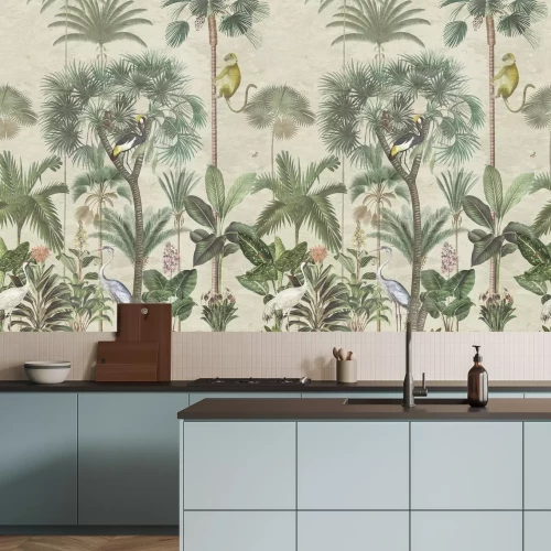 Fotobehang Apen en exotische vogels in de tropische jungle