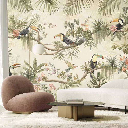 Fotobehang Toekans en kolibries tussen exotische planten