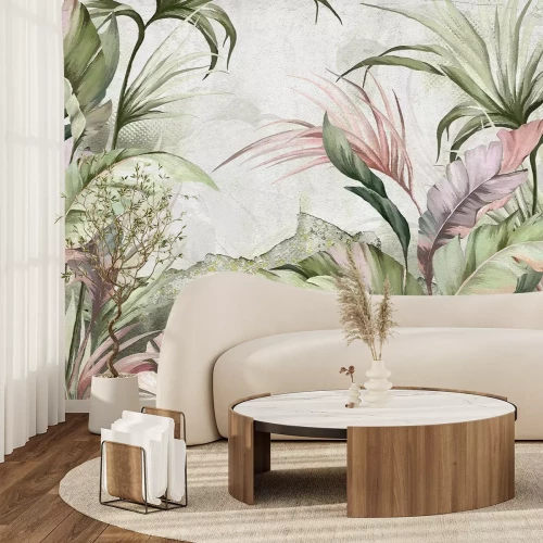 Fotobehang Pastelkleurige tropische bladeren in groene en roze tinten