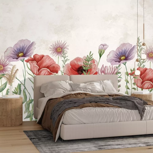 Fotobehang Klaprozen tussen paarse en roze bloemen aquarel