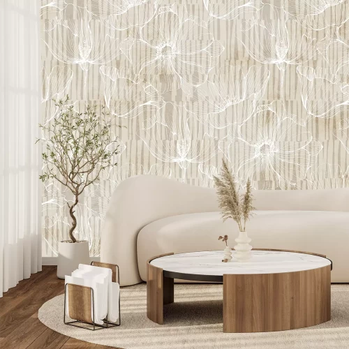 Fotobehang Lineaire klaprozen op een geometrische achtergrond