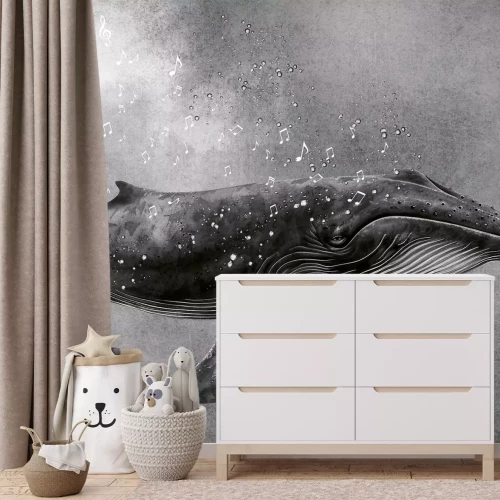 Fotobehang Walviszang, vissen in het water en muzieknoten