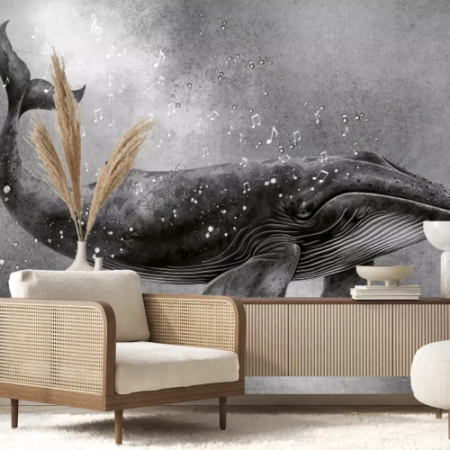 Fotobehang Walviszang, vissen in het water en muzieknoten