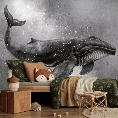 Fotobehang Walviszang, vissen in het water en muzieknoten