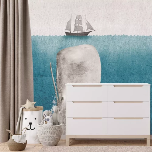Fotobehang Zeelandschap met een walvis en een schip, aquarel