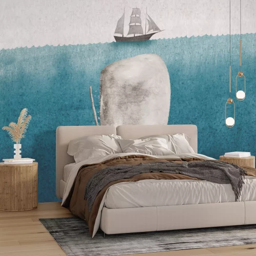 Fotobehang Zeelandschap met een walvis en een schip, aquarel