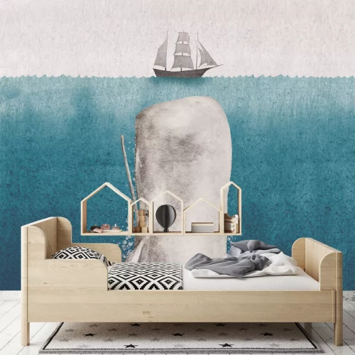 Fotobehang Zeelandschap met een walvis en een schip, aquarel