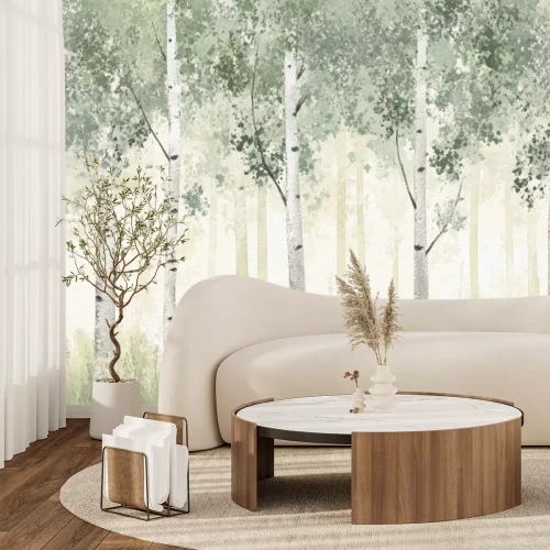 Fotobehang Berkenboslandschap in schilderstijl