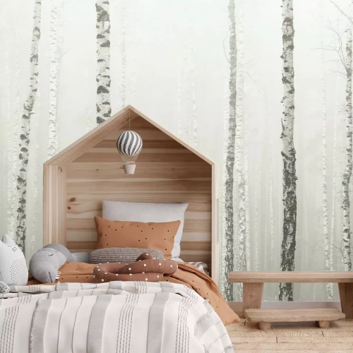 Fotobehang Een berkenbos gehuld in mist