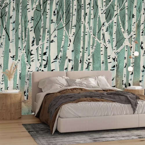 Fotobehang Aquarellandschap met berken