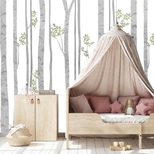Fotobehang Berkenbomen met bladeren in aquarelstijl op een witte achtergrond