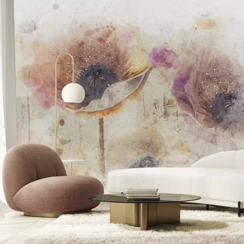 Fotobehang Aquarel klaprozen op een betonnen achtergrond