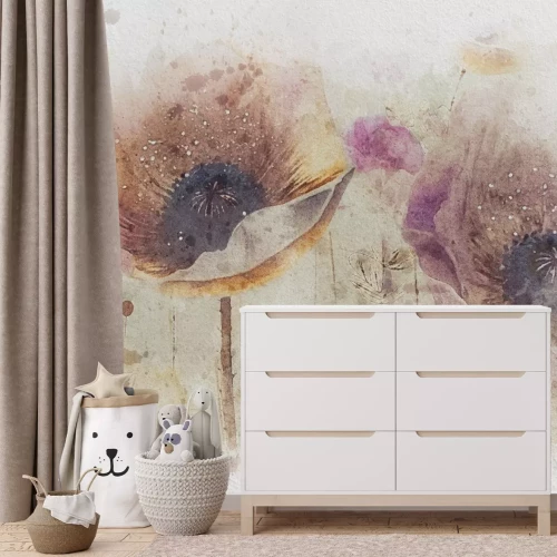 Fotobehang Aquarel klaprozen op een betonnen achtergrond