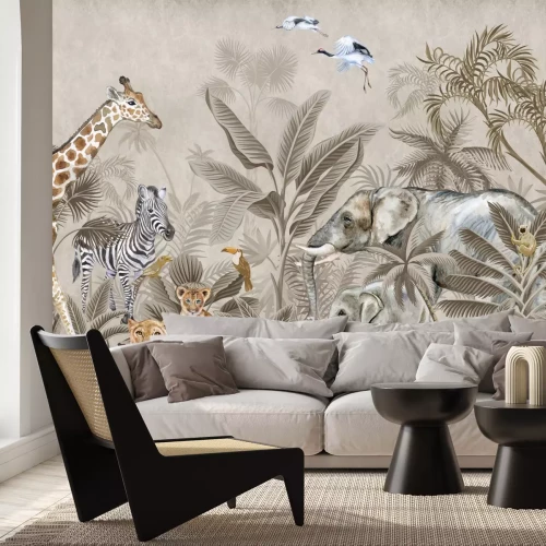 Fotobehang Tropische jungle met schattige dieren en planten
