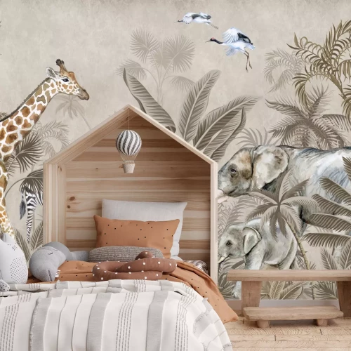 Fotobehang Tropische jungle met schattige dieren en planten