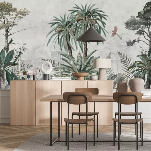 Fotobehang Een groene jungle met exotische fauna en flora