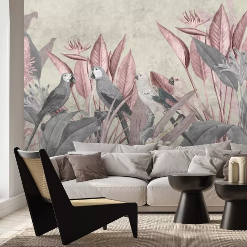 Fotobehang Papegaaien tegen een achtergrond van tropische planten