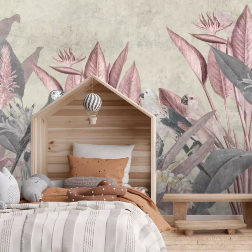 Fotobehang Papegaaien tegen een achtergrond van tropische planten