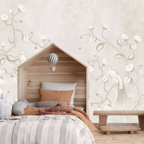 Fotobehang Beige motief met vogels op magnolia takken