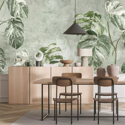 Fotobehang Monstera's op een gestructureerde groene achtergrond